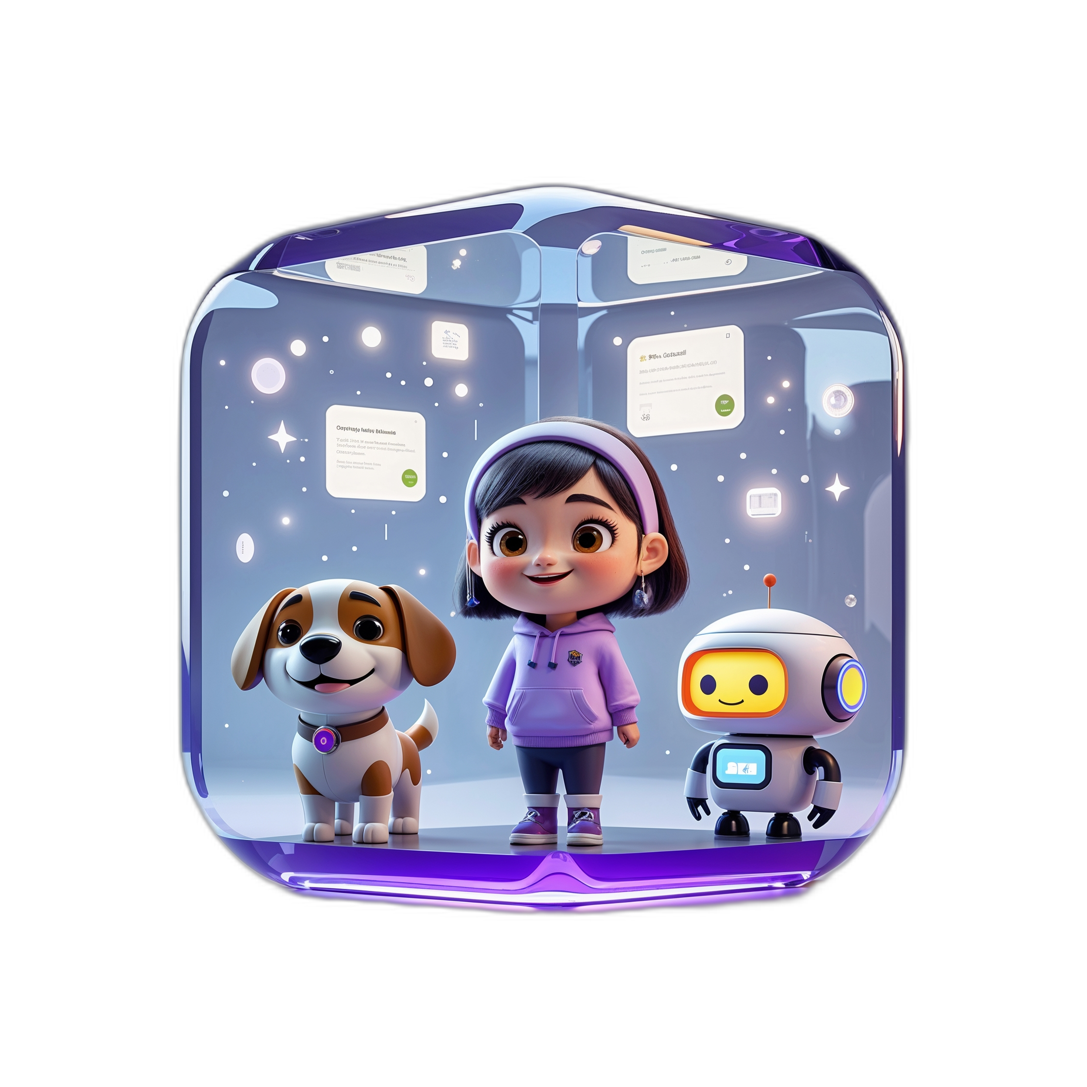 3D chibi-tech characters in a glass cube